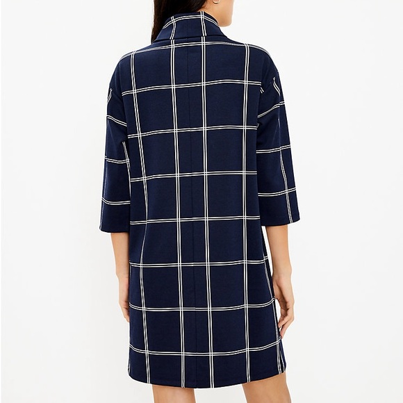 Ann Taylor LOFT Windowpane Funnel Neck Navy White Tunic Dress Sz: XS - Picture 2 of 11